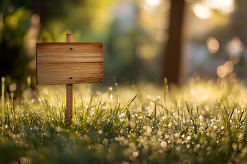 Naklejka premium Wooden Sign on Dewy Grass with Soft Morning Light and Bokeh Effect