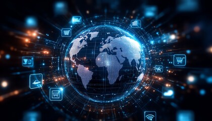 Obraz premium Emerging market ecommerce growth visualized with a digital globe surrounded by shopping icons, digital trends, and global market expansion