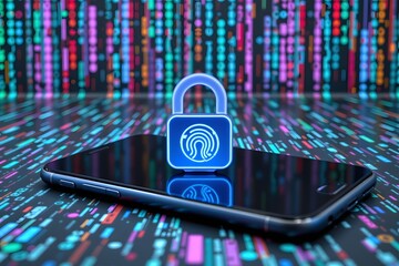 Secure Smartphone Technology: A digital padlock with a fingerprint symbol hovers above a sleek smartphone.