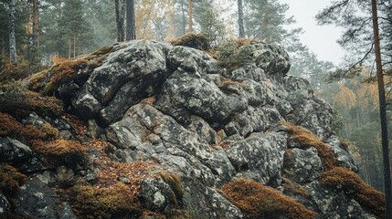 Misty autumn forest scene featuring a large, moss-covered rock formation.  Fallen leaves and low-lying vegetation cover the ground