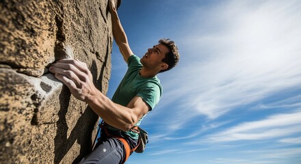 Determined Rock Climber Ascending Cliff Face Under Blue Sky