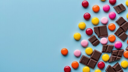 Border of tasty and sweet colorful candy and chocolate pieces on blue background, top view, flat lay, copy text space