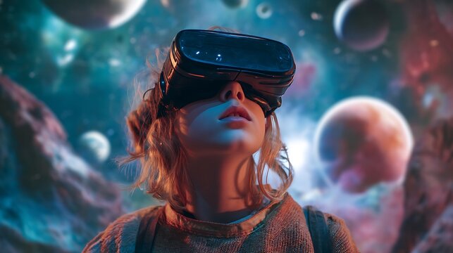 teen girl wearing VR headset, exploring an immersive educational simulation of outer space with planets and stars glowing around her, futuristic digital learning photography 