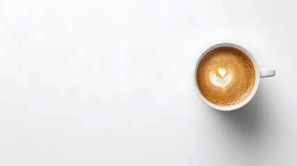 Warm Cup of Coffee with Heart Design on White Surface Above View