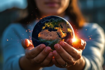 Person holding glowing earth with sparks globe hands