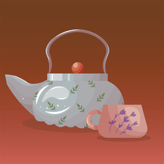 Square autumn card with kettle, teacup and autumn leaves.  Cozy home, warm fall concept. Vector illustration. Card, postcard, cover.