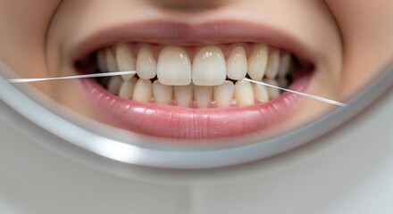 Fototapeta premium Close-up view of a person flossing their teeth, showing dental hygiene.