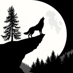 Wolf Howling Silhouette on Cliff with Moon