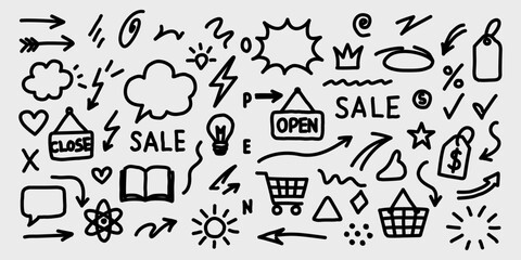 Fototapeta premium Black and white doodle icon set related to shopping and business. Hand-drawn style includes sale tags, shopping carts, price labels, arrows, symbols, and speech bubbles. Ideal for e-commerce.
