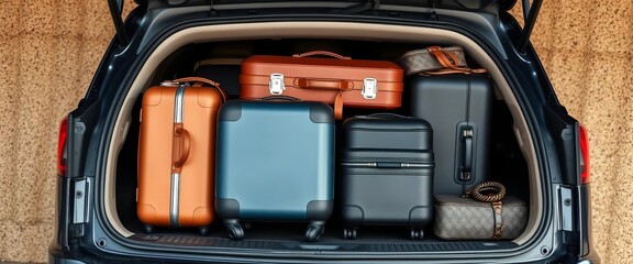 Suitcases loaded into car trunk; stucco wall backdrop, suitcases, romance