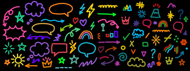 Obraz premium Neon doodle icon set on black background. Vibrant hand-drawn symbols including speech bubbles, arrows, stars, lightning bolts, clouds, and creative decorative elements. Ideal for social media design.