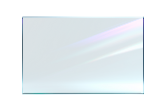 Transparent, shiny glass sheet. Transparent plastic panel. Glare and reflections on the transparent surface. Showcase. Cut out