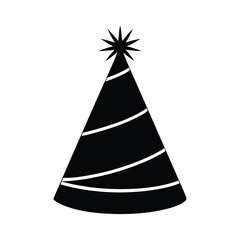Simple black and white icon of a party hat
