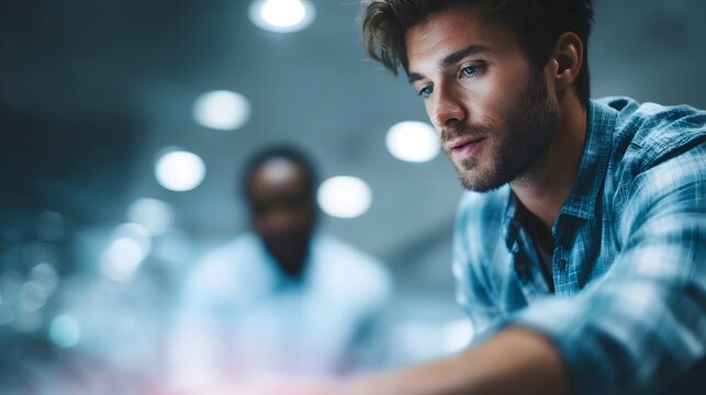 Coworkers analyzing sales performance dashboard in digital office setting - Powered by Adobe