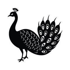 Stylized black silhouette of a peacock with open tail feathers