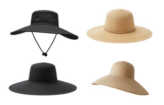 Elegant sun hats in diverse styles showcased against a clean white backdrop
