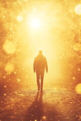 Silhouette of a Person Walking Towards a Glowing Golden Light