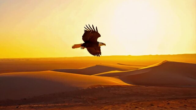 Bald eagle flying over desert dunes. Majestic bird soaring, golden hour light. Nature, wildlife, freedom, sky, outdoor, beautiful, scenic, dramatic, wild, animal, powerful. Hawk, Vulture, preying 