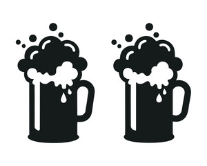 Two simple black beer mug icons with foamy beer overflowing and bubbles.