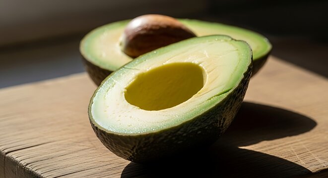 Halved Avocado on a Wooden Board. AI Generated - Powered by Adobe