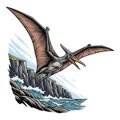 Pterodactyl Gliding Over Cliffs Illustration isolated on white background © Aryasakti