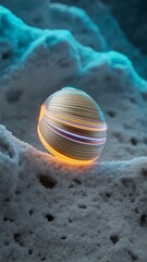 Obraz premium Abstract Glowing Sphere on Crystalline Surface; Futuristic, Cold, and Mysterious.