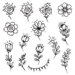 Collection of hand-drawn floral elements and decorative flourishes