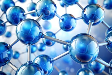 Close Up of a Molecular Structure with Shiny Blue Atoms and Silver Bonds