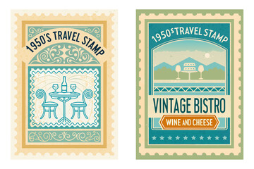 1950s travel stamp featuring an outdoor bistro table with wine and cheese, sketch style