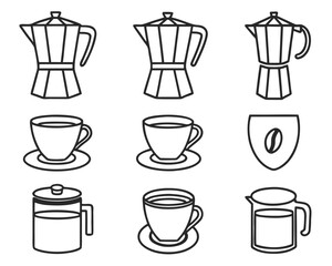 A collection of simple black and white coffee icons including cups and coffee makers.