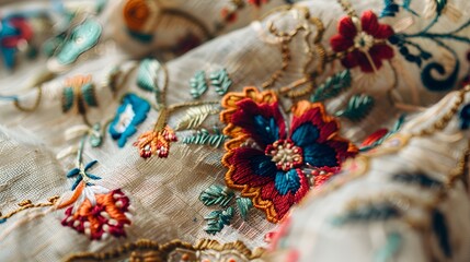 A close-up of a floral embroidery pattern on a beige fabric, showcasing intricate details and vibrant colors.