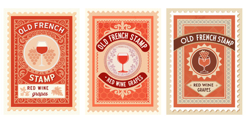 Old French stamp with a glass of red wine and grapes