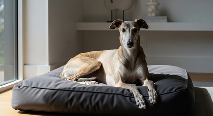 Elegant Greyhound Relaxing on Modern Gray Bed in Sunlight-Filled Room