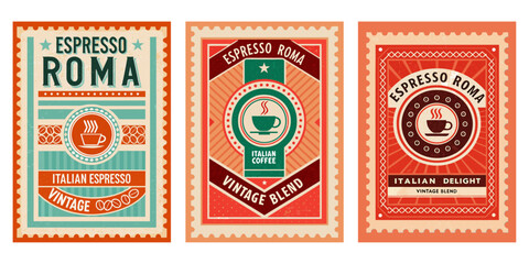 Retro Italian espresso-themed stamp, bold colors, distressed edges, vintage illustration