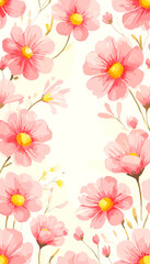 Whimsical pink flowers in watercolor on cream background for poster
