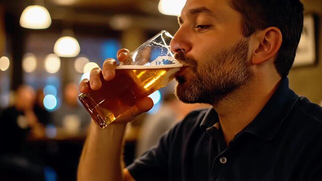 Man enjoying a cold beer in a pub during evening social gathering  