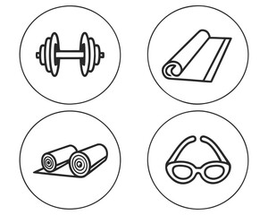 Fitness and wellness icon set featuring dumbbell yoga mat and eyeglasses illustrations.