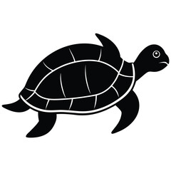 Simple black and white silhouette of a sea turtle swimming