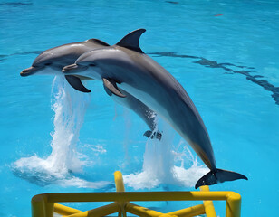 A group of dolphins is splashing and playing in the waves of water in the sea. dolphin jumping out of the water.