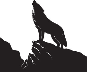 Silhouette of a Howling Wolf on a Rocky Cliff Black and White Art.