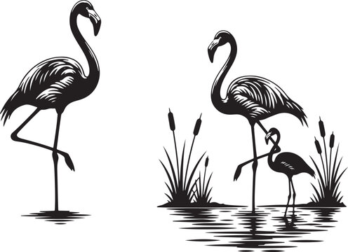 Elegant Black and White Flamingo Family Silhouette.