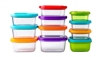 Stack Of Clear Plastic Food Containers With Colorful Lids Appear.
