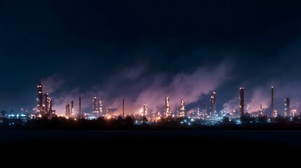 Illuminated oil refinery at night with intricate energy infrastructure and lighting
