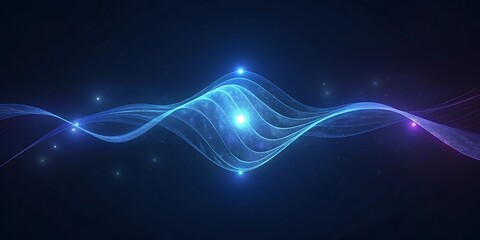 A luminous central point emanates flowing, layered blue waves of light and shimmering particles.