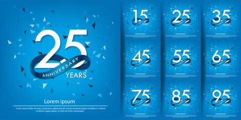 Set of 15-95th years anniversary celebration emblem. white anniversary logo isolated with blue circle ribbon. vector illustration template design for web, poster, greeting card and invitation card