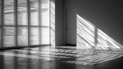 Sunlight streams through shutters, casting shadows on a modern interior