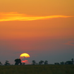Solar disk and beautiful red sunset over the earth's surface.