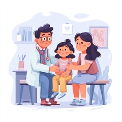 Pediatrician and nurse comforting a nervous child during a check-up