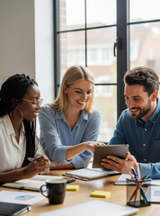 An informal team meeting happens using a tablet, notebooks, and printed data charts.
