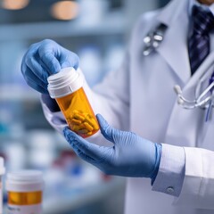 Pharmacist wearing a white coat and gloves filling a prescription bottle. 
